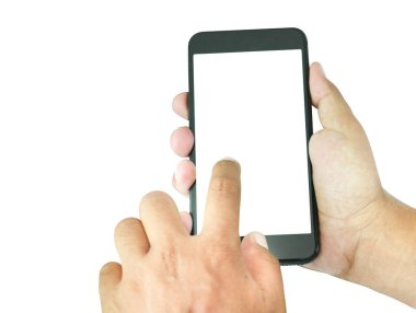 Beyaz ekranda izole edilmiş, akıllı telefonu tutan