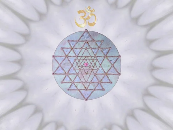 Spiritual background for meditation with yin yang symbol, life flower, sri yantra and om symbol isolated in color background