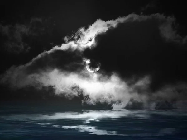 Dark sky with full moon in sea reflection