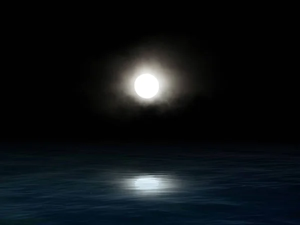 Dark sky with full moon in sea reflection