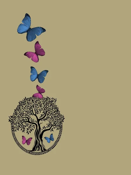 Natural background with life tree and butterflies isolated in color background