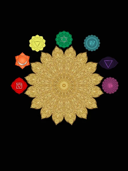 Spiritual background for meditation with chakras, life tree, buddha statue and mandala isolated in color background