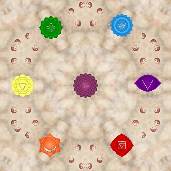 Spiritual background for meditation with chakras and mandala isolated in color background