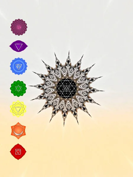 Spiritual background for meditation with chakras and mandala isolated in color background