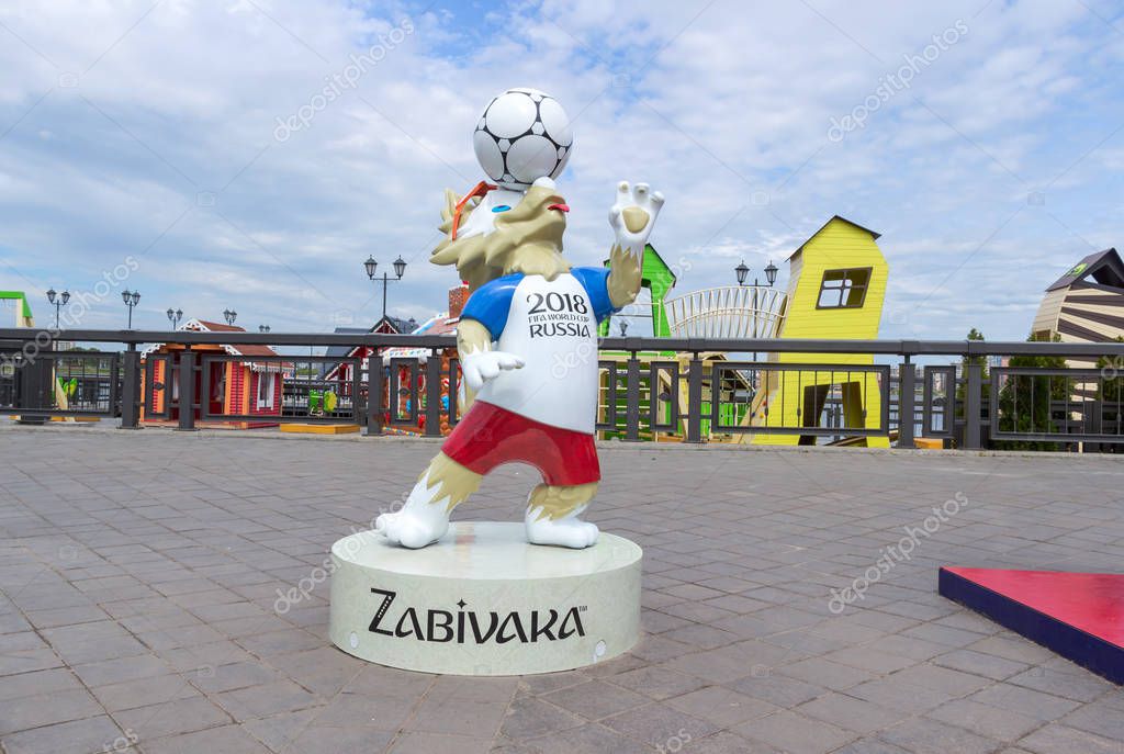 Kazan, Russia - June 12, 2018: Wolf Zabivaka the official mascot of championship FIFA World Cup Russia 2018 at Kremlin Embankment