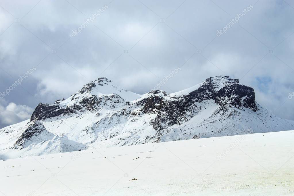 snow covered mountain top of the Langjokull Glacier in the Golden Circle of Icleand.