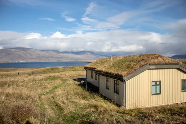İzlanda, Kollafjrur Körfezi'nin en büyük Adası Reykjavk başkenti yakınındaki Videy Viey Island moss çatılı evi.