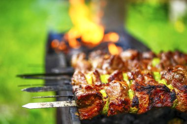 Bir açık ateşte pişmiş et bir şiş üzerinde.