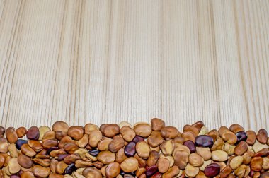 Meyve çekirdekleri kül ahşap bir masa hafif bir arka plan üzerinde belirgin bir doku ile yalan. Arka plan. Yer metin çizme