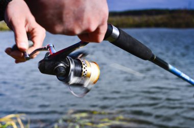 Bir balıkçı bir balık yakalar. Reel closeup iplik. Alan Olta Makarası üzerine sığ derinliği
