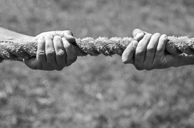 İki adamın eli ipi kendi yönüne çeker. Tartışma, çatışma ve güç kavramı. Siyah ve beyaz