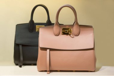 Kül gül bir arka planda pastel bir arka plan üzerinde siyah çanta çanta rengidir. Moda ve stil kavramı.