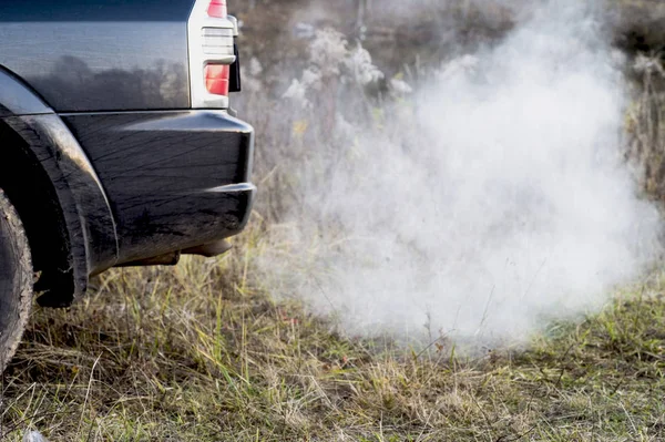 The back of the black car with the emission of smoke from the exhaust pipe on the background of nature. The concept of environmental pollution by vehicles.