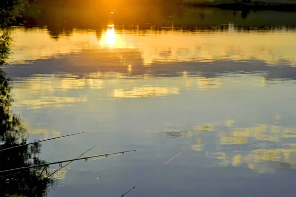 Blurred landscape on the lake with the reflection of the sky, the setting sun and fishing rods in the foreground. Background.