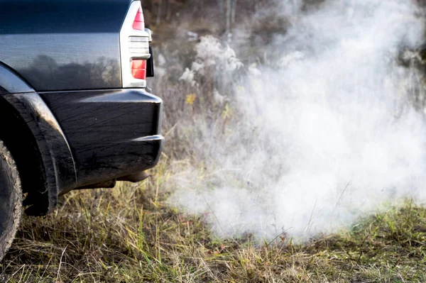 The back of the black car with the emission of smoke from the exhaust pipe on the background of nature. The concept of environmental pollution by vehicles.