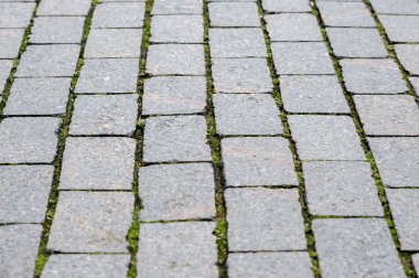 Şehrin eski kesiminde Granit kaldırım. Arka plan doku. Sığ derinlik-in tarla. yukarıdan bir açıyla görüntülemek.