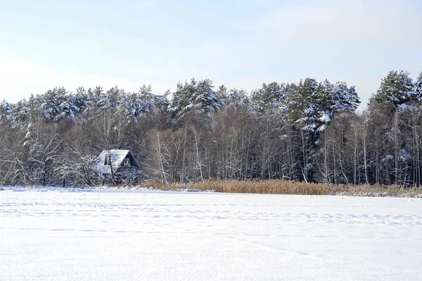 A picturesque landscape of a snow-covered house in the forest on the shore of a frozen lake. Screen saver, background.