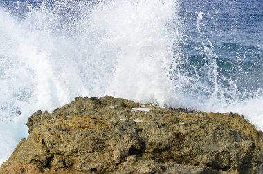 Sahil deniz. Vahşi rock beach. Doğal kaya oluşumu seyrek dağ bitki örtüsü ile kaplı. Yaz aylarında kayalık adanın kıyısında sörf.