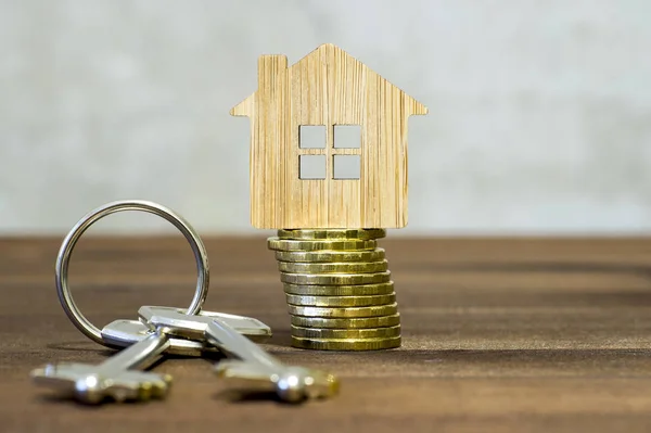 House Symbol Made Bamboo Stack Yellow Shiny Coins Two Metal — Stock Photo, Image