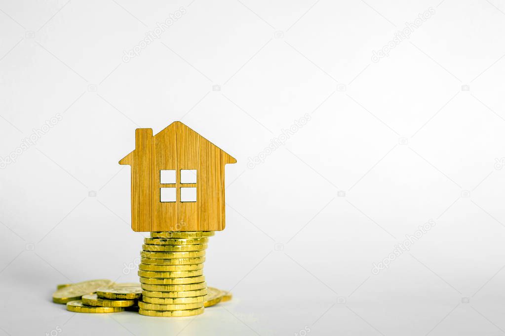 The house symbol is made of bamboo on a stack of yellow shiny coins on a light background.