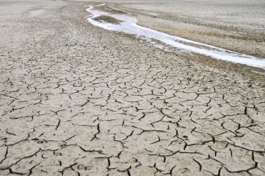 Kurumuş nehrin kanalındaki çatlaklar sonbaharda buzla kaplıydı. Soyutlama, arka plan, doku, ekoloji