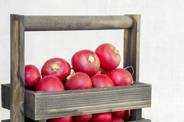 Rábano rojo de cerca en una caja de madera sobre un fondo claro de lino. Concepto de sostenibilidad del producto agrícola . — Foto de Stock