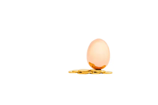 Ovo de metal dourado está no espalhar moedas brilhantes . — Fotografia de Stock