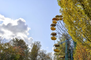 Park 'ta sonbahar. Dönme dolabı gökyüzüne bakıyor. Ön planda sarı yapraklı ağaçlar. Arkaplan