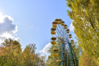 Park 'ta sonbahar. Dönme dolabı gökyüzüne bakıyor. Ön planda sarı yapraklı ağaçlar. Arkaplan