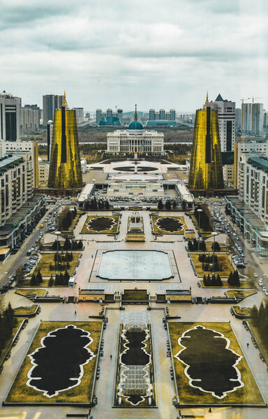 Elevated panoramic city view over Astana in Kazakhstan with Golden Towers aka the Beer Cans and presidential building Ak Orda 