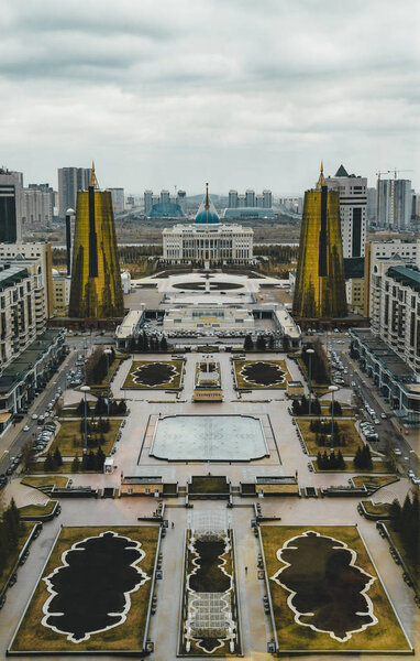 Elevated panoramic city view over Astana in Kazakhstan with Golden Towers aka the Beer Cans and presidential building Ak Orda 