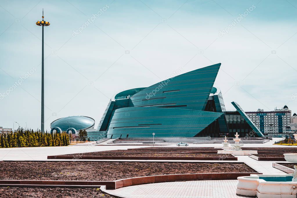 Astana, Kazakhstan - July 2018: located in the administrative center, unique in its architectural design, the biggest concert of the capital structure