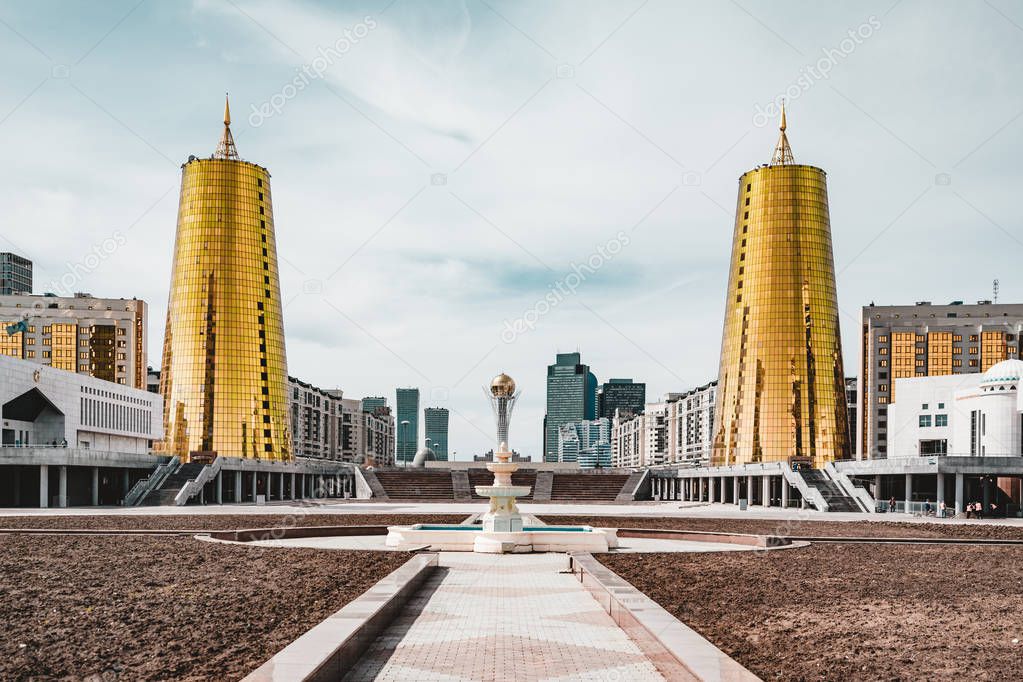 Elevated panoramic city view over Astana in Kazakhstan with Golden Towers aka the Beer Cans and presidential building Ak Orda 