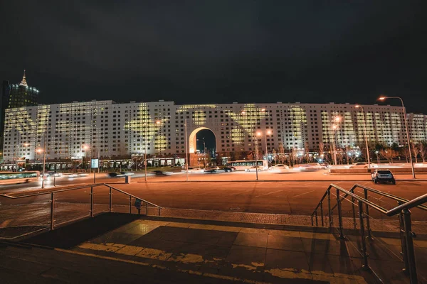 Night View to house of ministries with advertising for May 9 in Astana, Kazakhstan