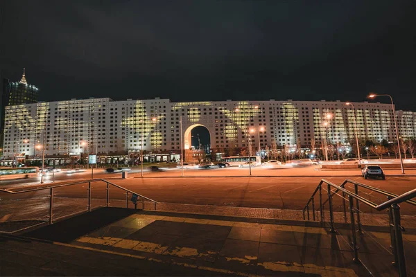 Night View to house of ministries with advertising for May 9 in Astana, Kazakhstan