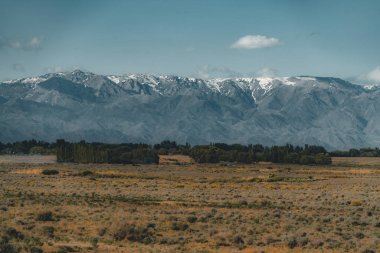 Tian Shan dağlarında ön arka plan ve çim Badland'de yeşil Kazakistan bozkır manzaralı