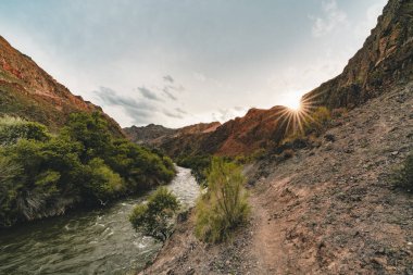 Grand Canyon Çarın River ağaçlar mavi gökyüzü kırmızı taşlı