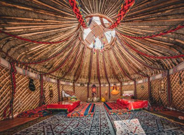 Ulusal geleneksel dekorasyon yurt tavan. Kazakistan süsleme. Vintage kalıpları dokuma. Yurt dekorasyon. Bir etnik köken, altın horde, Kazakistan olarak desenleri ile ahşap çerçeve.