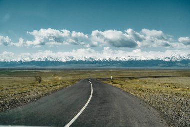 Bozkır sokakta Tian Shan dağlarında arka plan, Kazakistan Orta Asya ile