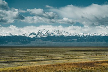 Arka plan ve yeşil bozkır, Kazakistan Orta Asya dağlarında Tian Shan ile mavi gökyüzü