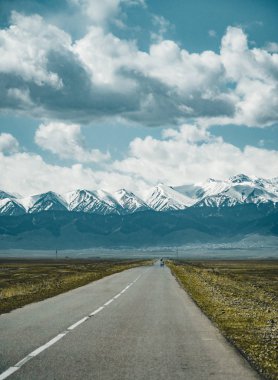 Bozkır sokakta Tian Shan dağlarında arka plan, Kazakistan Orta Asya ile