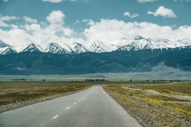 Bozkır sokakta Tian Shan dağlarında arka plan, Kazakistan Orta Asya ile