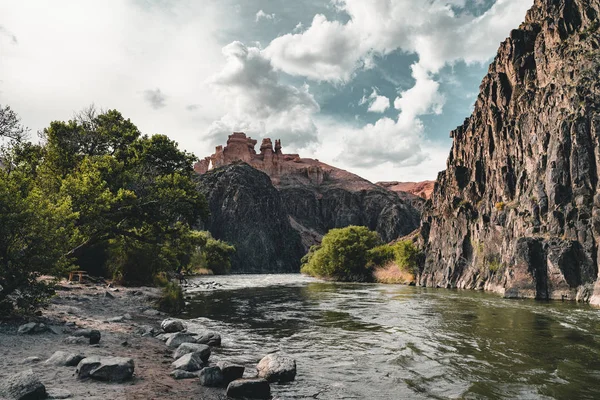 Grand Canyon Charyn River with trees blue sky red stone — Stock Photo, Image