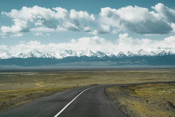 Rua na estepe com Tian Shan montanhas no fundo, Cazaquistão Ásia Central — Fotografia de Stock