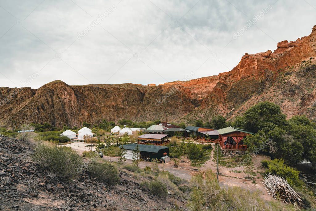 Yurt camp in Grand Charyn Canyon National Park in Kazakhstan.