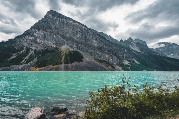 Όμορφη φύση της Λίμνη Λουίζ σε πρώτο πλάνο και το βουνό στο παρασκήνιο σε Εθνικό Πάρκο Μπανφ, Καναδάς Αλμπέρτα. — Φωτογραφία Αρχείου