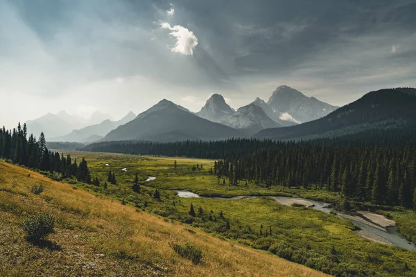Izolované Peak a okolní hory a lesy v národním parku Banff v Rocky Mountains v Albertě, Kanada. — Stock fotografie