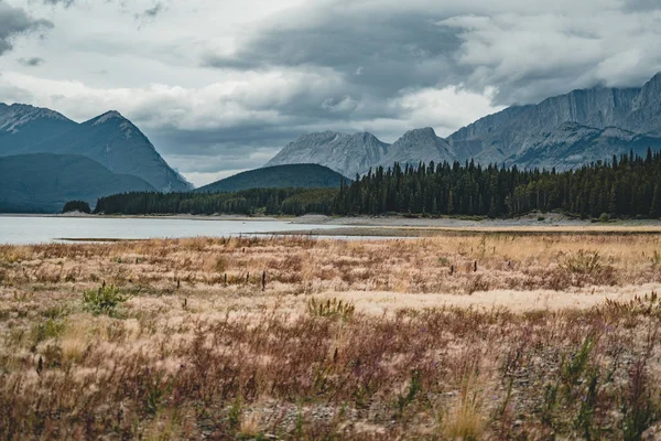Elszigetelt csúcs és a környező hegyekre és erdőkre a Banff nemzeti parkban, a Sziklás-hegység, Alberta, Kanada. — Stock Fotó