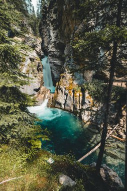Üst Johnston Kanyon şelale, Banff Nationalpark Kanada Alberta düşüyor.