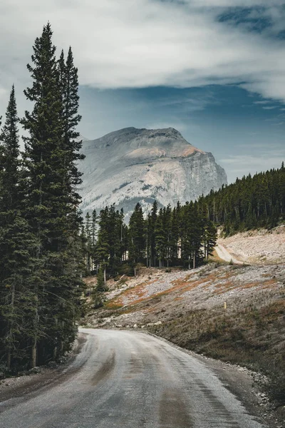 Vue de l'autoroute de la rue avec des montagnes et des arbres avec ciel bleu et nuages. Parc national Banff Canada Montagnes Rocheuses . — Photo